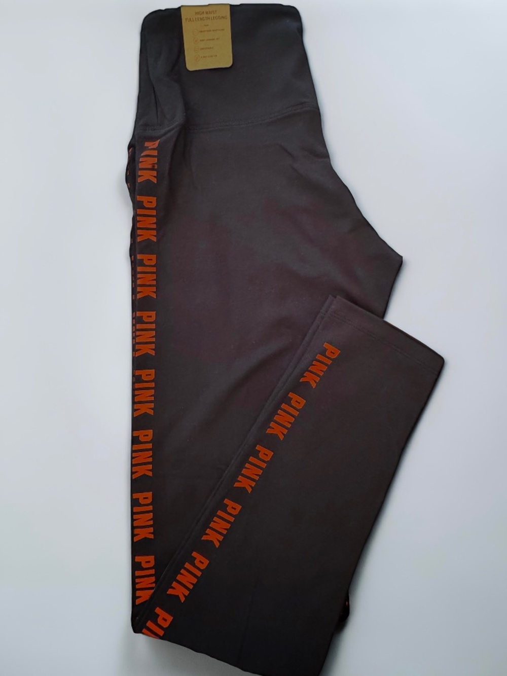 PINK Victoria's Secret Black Orange Logo High Waist Full Length Legging NWT M